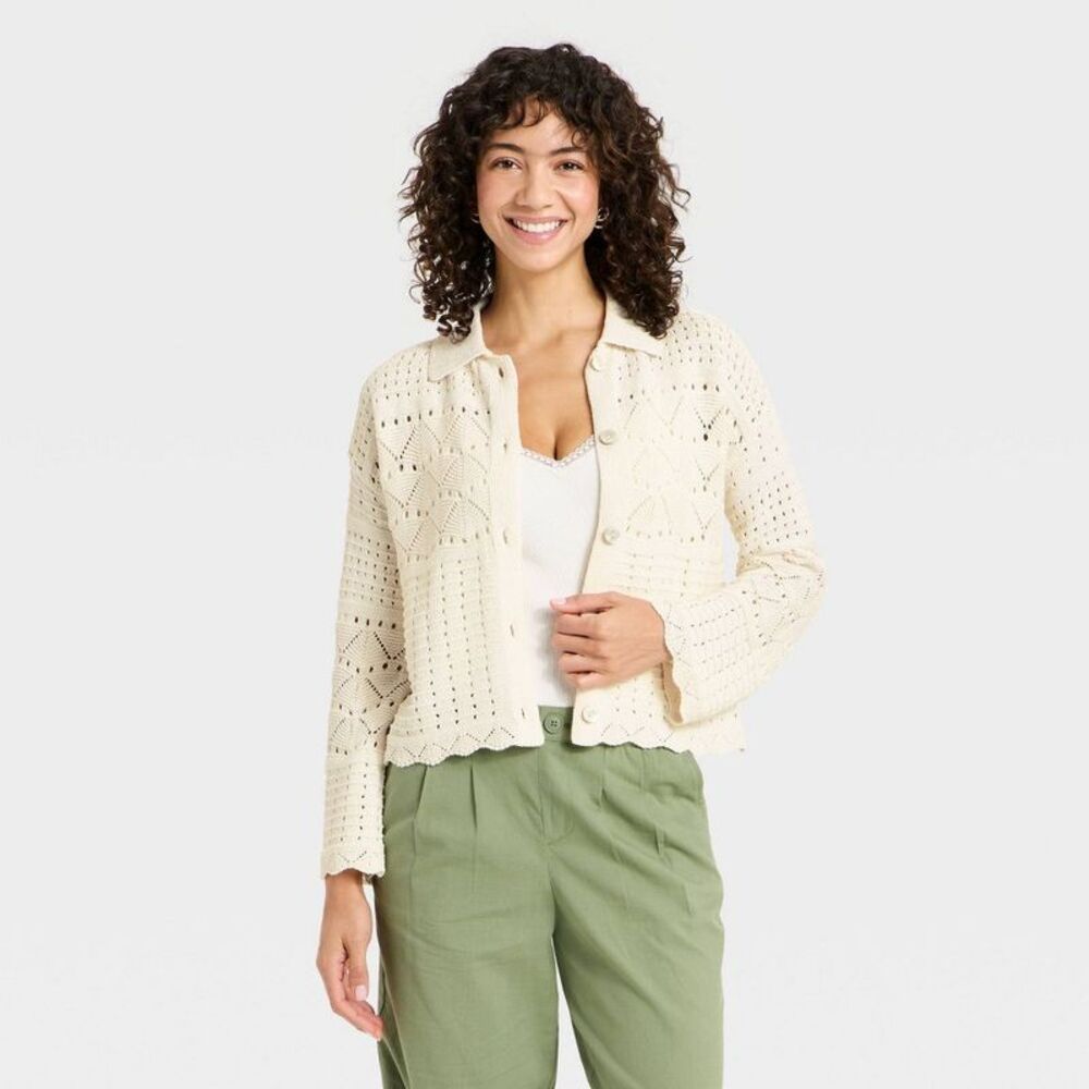 A New Day - Women's Collared Crochet Cardigan - A New Day Crea Off-White